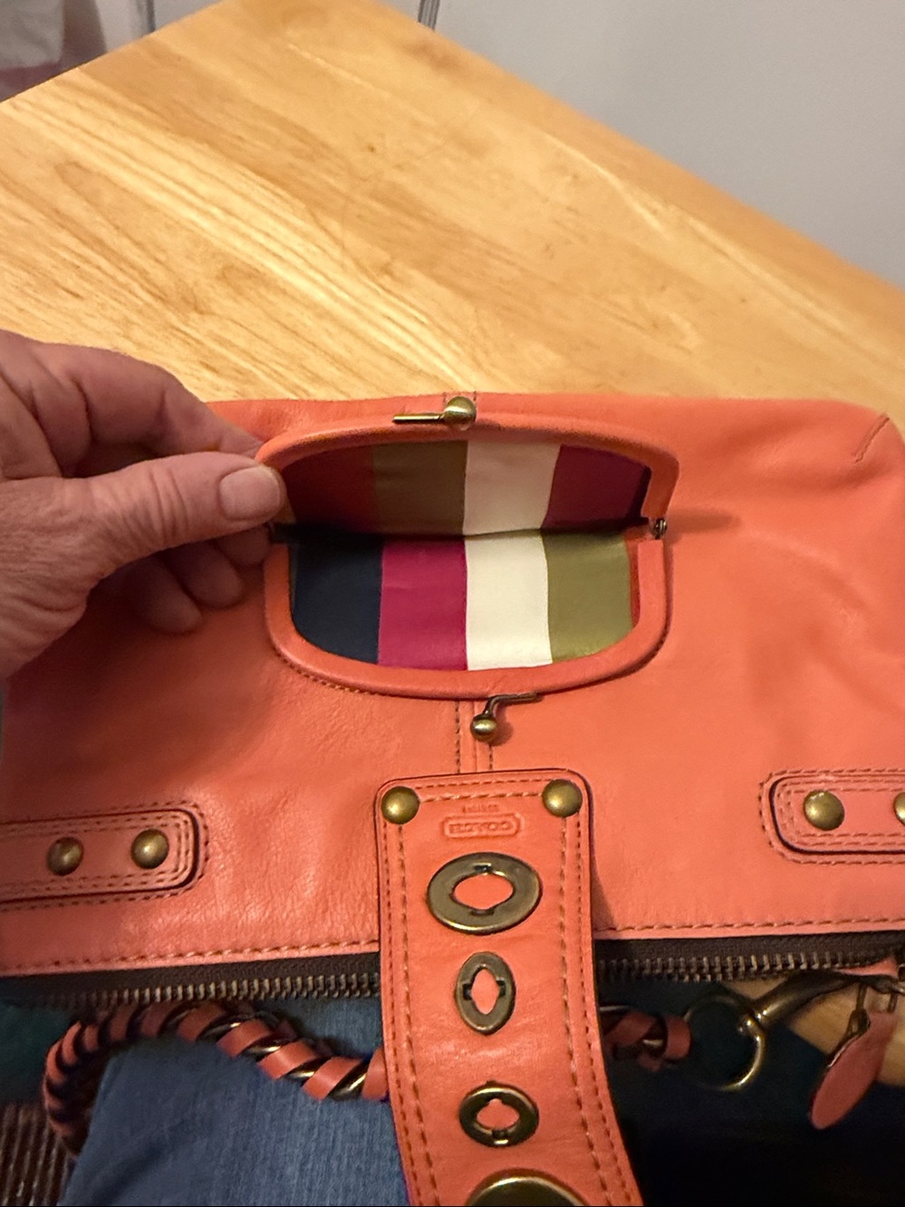 Orange Leather Shoulder Bag with Brass Hardware - Picture 5 of 5